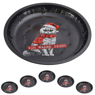 Gebäckteller XMAS CAT 'Ich warne Dich' 6er Set Ø26cm Metall Plätzchenteller Dekoteller Katze im Nikolauskostüm Weihnachten