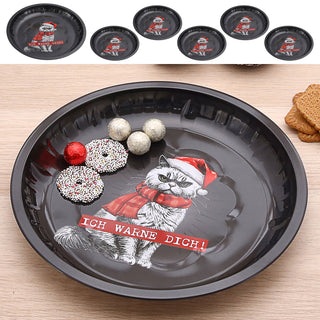 Gebäckteller XMAS CAT 'Ich warne Dich' 6er Set Ø26cm Metall Plätzchenteller Dekoteller Katze im Nikolauskostüm Weihnachten