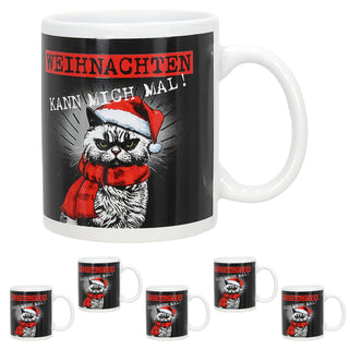 Glühweinbecher 'XMAS CAT' 6er Set 300ml 12,5x9,5x8cm Steinzeug Tasse Becher Henkeltasse Katze im Nikolauskostüm Motivtasse Kaffeetasse Teetasse