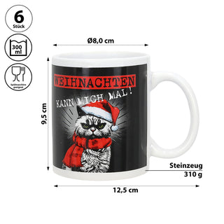 Glühweinbecher 'XMAS CAT' 6er Set 300ml 12,5x9,5x8cm Steinzeug Tasse Becher Henkeltasse Katze im Nikolauskostüm Motivtasse Kaffeetasse Teetasse