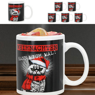 Glühweinbecher 'XMAS CAT' 6er Set 300ml 12,5x9,5x8cm Steinzeug Tasse Becher Henkeltasse Katze im Nikolauskostüm Motivtasse Kaffeetasse Teetasse