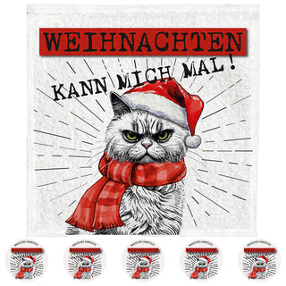 Magisches Handtuch 'XMAS CAT' 6er Set 30x30cm Baumwolle Waschlappen Zaubertuch Zauberhandtuch Tuch Katze im Nikolauskostüm Weihnachten