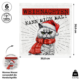 Magisches Handtuch 'XMAS CAT' 6er Set 30x30cm Baumwolle Waschlappen Zaubertuch Zauberhandtuch Tuch Katze im Nikolauskostüm Weihnachten
