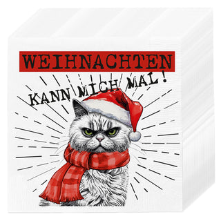Servietten 'XMAS CAT' 80er Set 33x33cm 3-lagig Papierserviette Katze im Nikolauskostüm Weihnachten stoffähnlich Tuch Tischdeko