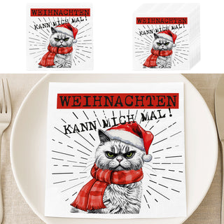 Servietten 'XMAS CAT' 80er Set 33x33cm 3-lagig Papierserviette Katze im Nikolauskostüm Weihnachten stoffähnlich Tuch Tischdeko