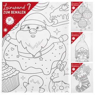 Leinwand zum Bemalen XMAS 4er Set 15x20cm MDF Terylen 4 Motive Weihnachtsmann Wichtel Christbaumkugel Weihnachtsstrumpf Bildvorlage