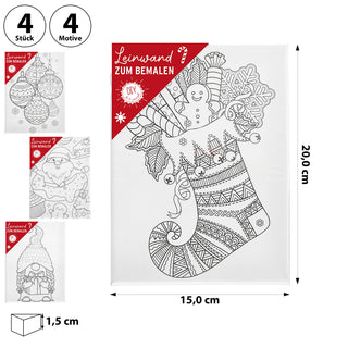Leinwand zum Bemalen XMAS 4er Set 15x20cm MDF Terylen 4 Motive Weihnachtsmann Wichtel Christbaumkugel Weihnachtsstrumpf Bildvorlage