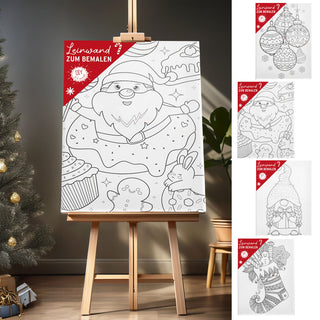 Leinwand zum Bemalen XMAS 4er Set 15x20cm MDF Terylen 4 Motive Weihnachtsmann Wichtel Christbaumkugel Weihnachtsstrumpf Bildvorlage