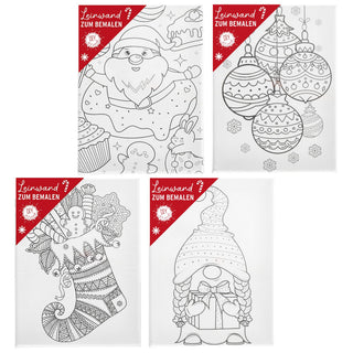 Leinwand zum Bemalen XMAS 4er Set 15x20cm MDF Terylen 4 Motive Weihnachtsmann Wichtel Christbaumkugel Weihnachtsstrumpf Bildvorlage