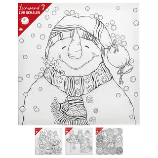 Leinwand zum Bemalen XMAS 4er Set 30x30cm MDF Terylen 4 Motive Schneemann Weihnachtsmann Christbaumkugel Korb mit Lebkuchen Bildvorlage
