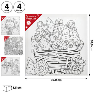 Leinwand zum Bemalen XMAS 4er Set 30x30cm MDF Terylen 4 Motive Schneemann Weihnachtsmann Christbaumkugel Korb mit Lebkuchen Bildvorlage