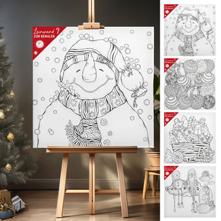 Leinwand zum Bemalen XMAS 4er Set 30x30cm MDF Terylen 4 Motive Schneemann Weihnachtsmann Christbaumkugel Korb mit Lebkuchen Bildvorlage