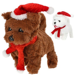 Laufende Hunde XMAS mit Sound 2er Set 8x15x17cm Polyester ABS PP braun weiß batteriebetrieben Stofftier Hund Kuscheltier An-/Ausschalter Weihnachtshunde