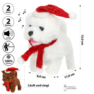 Laufende Hunde XMAS mit Sound 2er Set 8x15x17cm Polyester ABS PP braun weiß batteriebetrieben Stofftier Hund Kuscheltier An-/Ausschalter Weihnachtshunde