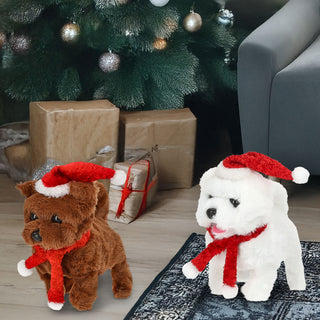 Laufende Hunde XMAS mit Sound 2er Set 8x15x17cm Polyester ABS PP braun weiß batteriebetrieben Stofftier Hund Kuscheltier An-/Ausschalter Weihnachtshunde