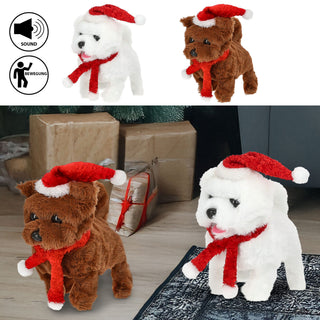 Laufende Hunde XMAS mit Sound 2er Set 8x15x17cm Polyester ABS PP braun weiß batteriebetrieben Stofftier Hund Kuscheltier An-/Ausschalter Weihnachtshunde