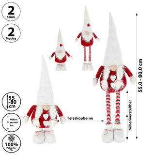 Wichtelpaar mit Teleskopbeinen ca. 55-88cm Polyester Eisen 20x76x14cm rot weiß Weihnachtswichtel Adventsdeko Weihnachtsdeko Plüschfigur Mann Frau