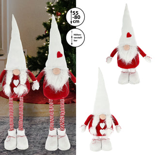 Wichtelpaar mit Teleskopbeinen ca. 55-88cm Polyester Eisen 20x76x14cm rot weiß Weihnachtswichtel Adventsdeko Weihnachtsdeko Plüschfigur Mann Frau
