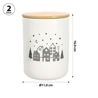 Vorratsdose 'XMAS' 2er Set Deckel Dolomit Kiefernholz 11x16cm weiß schwarz natur Dose Keksdose Aufbewahrungsbehälter Weihnachtsmotiv