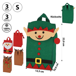 Geschenktasche 3er Set mit Henkel Weihnachten Filz 12,5x22x10cm / 35x58x18cm Santa Elf Rentier Geschenkverpackung Motivtasche Filztasche