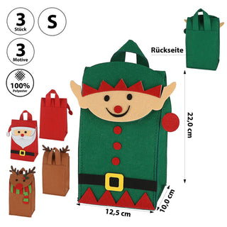 Geschenktasche 3er Set mit Henkel Weihnachten Filz 12,5x22x10cm / 35x58x18cm Santa Elf Rentier Geschenkverpackung Motivtasche Filztasche