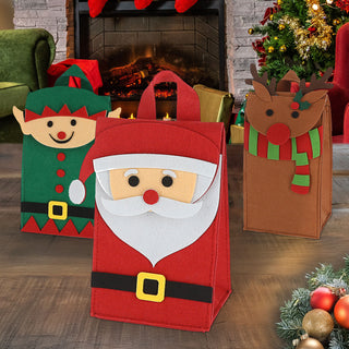 Geschenktasche 3er Set mit Henkel Weihnachten Filz 12,5x22x10cm Santa Elf Rentier Geschenkverpackung Motivtasche Filztasche