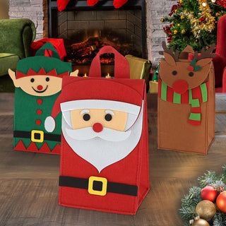 Geschenktasche 3er Set mit Henkel Weihnachten Filz 12,5x22x10cm / 35x58x18cm Santa Elf Rentier Geschenkverpackung Motivtasche Filztasche