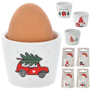 Eierbecher XMAS 4er Set 4 Motive Porzellan weiß 5x4cm weiß Halter für Eier Weihnachtsmotive Eierständer mit Karte zum Beschriften und Aufhängen