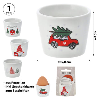 Eierbecher XMAS 4er Set 4 Motive Porzellan weiß 5x4cm weiß Halter für Eier Weihnachtsmotive Eierständer mit Karte zum Beschriften und Aufhängen