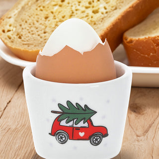 Eierbecher XMAS 4er Set 4 Motive Porzellan weiß 5x4cm weiß Halter für Eier Weihnachtsmotive Eierständer mit Karte zum Beschriften und Aufhängen