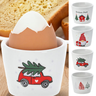 Eierbecher XMAS 4er Set 4 Motive Porzellan weiß 5x4cm weiß Halter für Eier Weihnachtsmotive Eierständer mit Karte zum Beschriften und Aufhängen