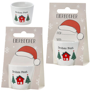 Eierbecher XMAS 4er Set 4 Motive Porzellan weiß 5x4cm weiß Halter für Eier Weihnachtsmotive Eierständer mit Karte zum Beschriften und Aufhängen