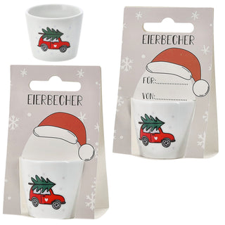 Eierbecher XMAS 4er Set 4 Motive Porzellan weiß 5x4cm weiß Halter für Eier Weihnachtsmotive Eierständer mit Karte zum Beschriften und Aufhängen
