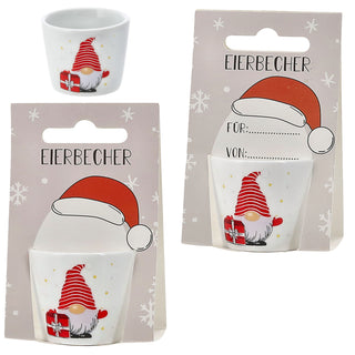 Eierbecher XMAS 4er Set 4 Motive Porzellan weiß 5x4cm weiß Halter für Eier Weihnachtsmotive Eierständer mit Karte zum Beschriften und Aufhängen