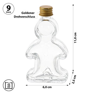 Flasche Lebkuchenmann 9er Set 50ml Glas Metall 6x11x2,5cm gold Glasflasche Formflasche zum Befüllen Schraubdeckel Weihnachtsgeschenk