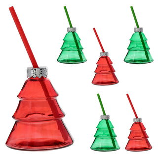 Trinkglas Weihnachtsbaum 6er Set Trinkhalm Füllmenge 300ml 10x11cm Glas rot grün Weihnachtsglas Motivglas Weihnachten