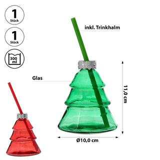 Trinkglas Weihnachtsbaum 6er Set Trinkhalm Füllmenge 300ml 10x11cm Glas rot grün Weihnachtsglas Motivglas Weihnachten