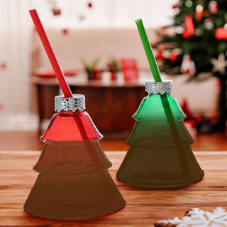 Trinkglas Weihnachtsbaum 6er Set Trinkhalm Füllmenge 300ml 10x11cm Glas rot grün Weihnachtsglas Motivglas Weihnachten