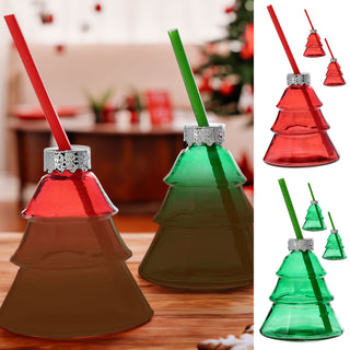 Trinkglas Weihnachtsbaum 6er Set Trinkhalm Füllmenge 300ml 10x11cm Glas rot grün Weihnachtsglas Motivglas Weihnachten