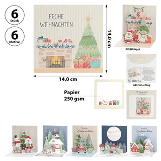 Grußkarte 3D Pop-Up 6er Set 6 Motive Papier 250gsm 40x40cm Weihnachtskarte Weihnachtsgruß weihnachtliche Motive Karte zum Klappen