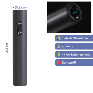 Elektrischer Weinflaschenöffner Kunststoff schwarz 4,5x22,5cm Flaschenöffner Entkorken per Knopfdruck batteriebetrieben Korkenzieher