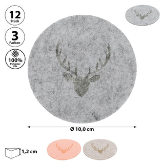 Untersetzer Hirschgeweih 12er Set Polyesterfilz Ø10cm rund grau rosa beige für Glas Flasche Tischdekoration Hirschkopf Landhausstil