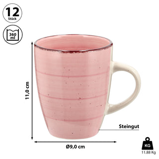 Kaffeebecher Steingut 12er Set rosa 360ml 9x11cm Tasse Becher Henkeltasse Kaffee Tee Glühwein Keramiktasse für heiße Getränke