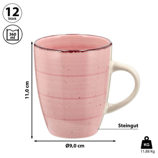 Kaffeebecher Steingut 12er Set rosa 360ml 9x11cm Tasse Becher Henkeltasse Kaffee Tee Glühwein Keramiktasse für heiße Getränke