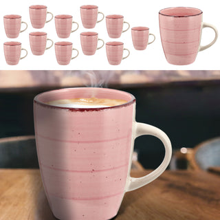 Kaffeebecher Steingut 12er Set rosa 360ml 9x11cm Tasse Becher Henkeltasse Kaffee Tee Glühwein Keramiktasse für heiße Getränke
