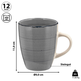 Kaffeebecher Steingut 12er Set hellgrau 360ml 9x11cm Tasse Becher Henkeltasse Kaffee Tee Glühwein Keramiktasse für heiße Getränke