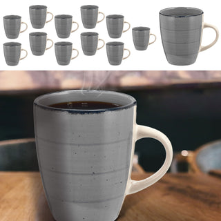 Kaffeebecher Steingut 12er Set hellgrau 360ml 9x11cm Tasse Becher Henkeltasse Kaffee Tee Glühwein Keramiktasse für heiße Getränke