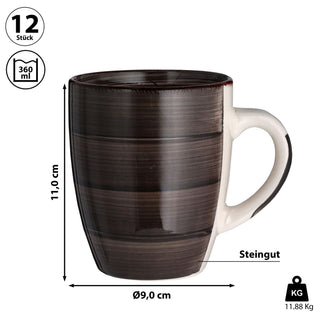 Kaffeebecher Steingut 12er Set braun 360ml 9x11cm Tasse Becher Henkeltasse Kaffee Tee Glühwein Keramiktasse für heiße Getränke