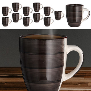 Kaffeebecher Steingut 12er Set dunkelbraun 360ml 9x11cm Tasse Becher Henkeltasse Kaffee Tee Glühwein Keramiktasse für heiße Getränke