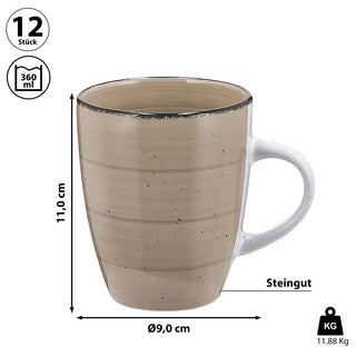 Kaffeebecher Steingut 12er Set beige 360ml 9x11cm Tasse Becher Henkeltasse Kaffee Tee Glühwein Keramiktasse für heiße Getränke